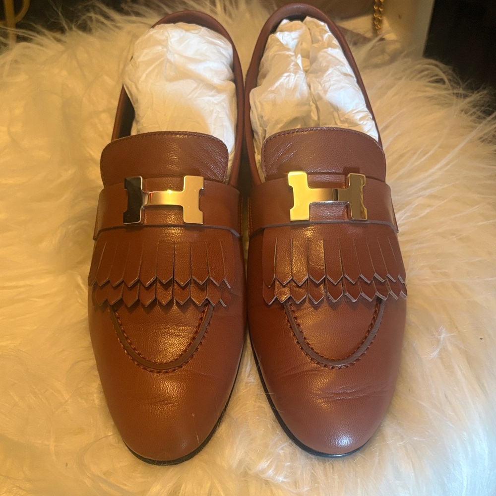 Hermes Brown Leather Fringe Kiltie Loafers with Gold Hardware